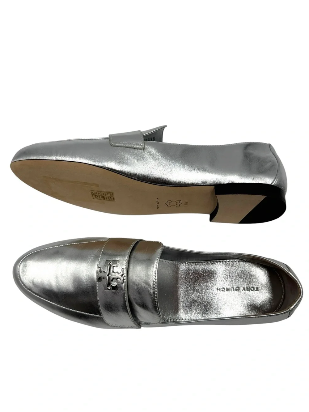 Tory Burch Silver Metallic Mini Everly Leather Loafer Flats Size 10.5